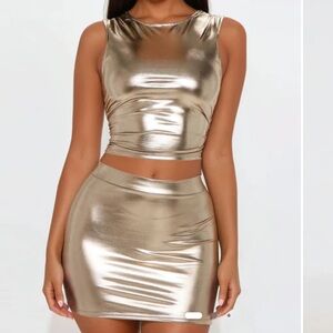NWT Fashion Nova Metallic GunMetal Platinum Gold 2 piece Skirt Set